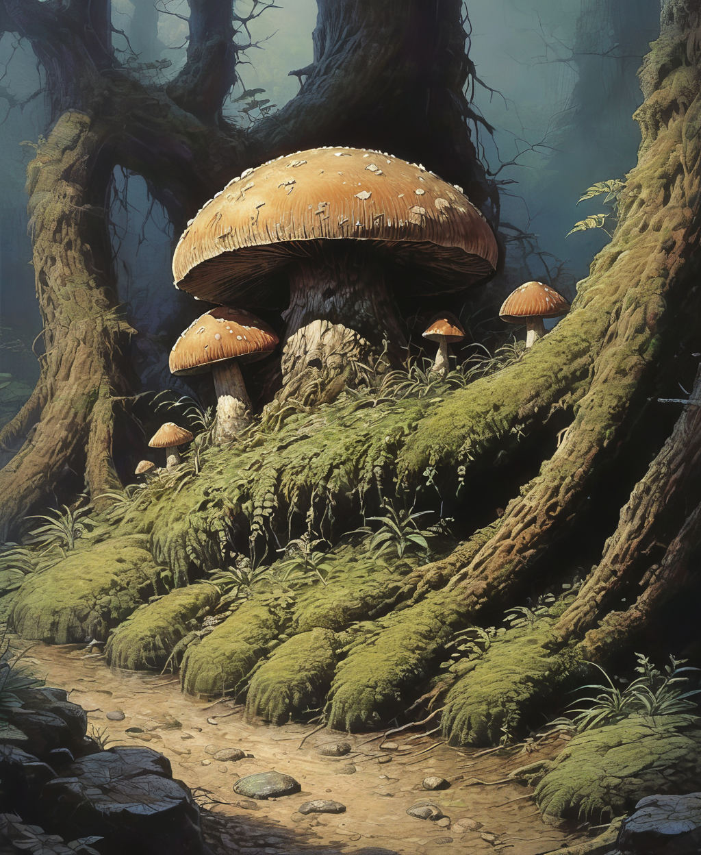 retroart illustration,a humanoid mushroom in a forest laying on rocks , in the style of tenebrism mastery, uncanny and eerie, d&d, intense movement expression, non-representational  , <lora:Retro_Art_XL-000008:0.8>, (masterpiece, best quality),ultra-detailed,add-detail-xl, DetailedEyes_V3,perfect eyes,skin blemish,detailed skin,<lora:polyhedron_all_sdxl:1>