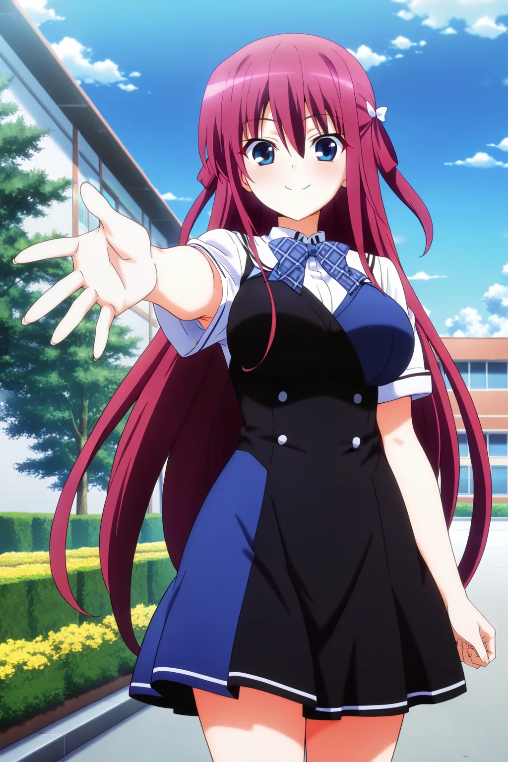 anime screenshot, anime coloring, suou amane, red hair, hair rings, white bow, hair bow, blue eyes, large breasts, school uniform, pinafore dress, black dress, blue dress, two-tone dress, short sleeves, white shirt, blue bowtie, plaid bowtie, looking at viewer, closed mouth, smile, reaching, cowboy shot, outdoors, day, blue sky, masterpiece, best quality, high quality, highres, absurdres, <lora:suou_amane_ILXL:0.9>