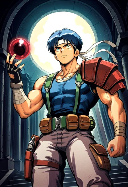 masterpiece, best quality, amazing quality, very aesthetic, absurdres, newest, ffl1humanm holding a large red orb above his head, 1boy, blue hair, male focus, white headband, single red pauldron, single white pauldron, pouch, green belt, holster, brown eyes, toned male, grenade belt,  green suspenders, blue vest, single black fingerless glove, single bandaged wrist, dynamic angle, looking up, dark temple background, temple full of orbs, holding orb
