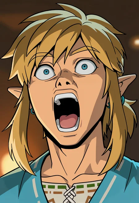 (masterpiece:1.35), (very aesthetic, best quality:1.3), vibrant, 1boy, shocked, 1boy, solo, upper body, link \(the legend of zelda: breath of the wild\), blonde, low ponytail, open mouth, <lora:Best_Facial_Expression_Helper_XTREME_ILLU:1> kaogei, highly detailed, intricate details, absurdres, masterful composition, cinematic lighting