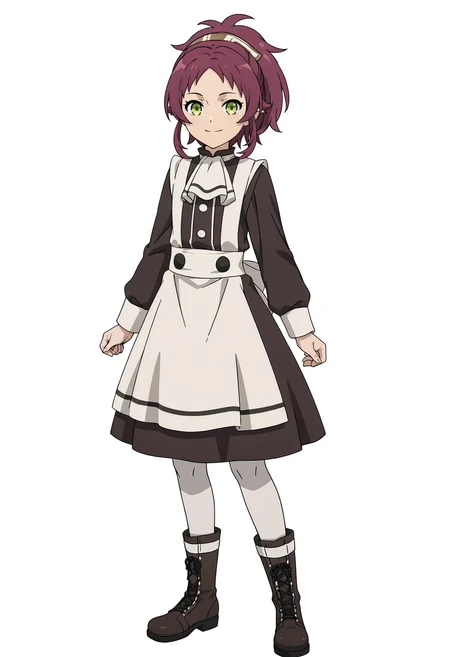 <lora:Aisha GREYRAT_illustrious-000046:1>,
Aisha GREYRAT,solo,full body,smile,simple background,apron,white background,boots,ponytail,looking at viewer,pantyhose,dress,pointy ears,purple hair,closed mouth,long sleeves,black dress,standing,white pantyhose,white apron,anime screencap