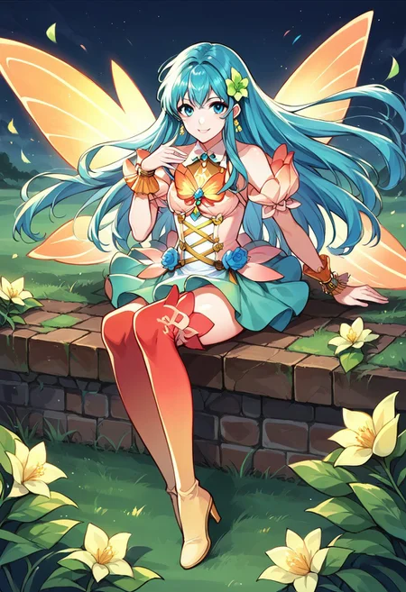1girl, solo, alone, score_9, score_8_up, score_7_up, masterpiece, high quality, source_anime, very detailed, depth of field, cinematic illumination, volumetric lighting, full color picture, vibrant colors, solo, alone, 
EikFE, aqua hair, long hair, sidelocks, aqua eyes, RFit, green hair flower, jewelry, green earrings, gradient clothes, multicolored dress, detached sleeves, puffy short sleeves, bare shoulders, butterfly wing cape, orange wrist cuffs, multicolored skirt, miniskirt, zettai ryouiki, gradient legwear, high heels, bracelet, bracer,
full body, sitting, facing forward, 
open field, magical outdoors, serene location, happy pose, excited, smile,