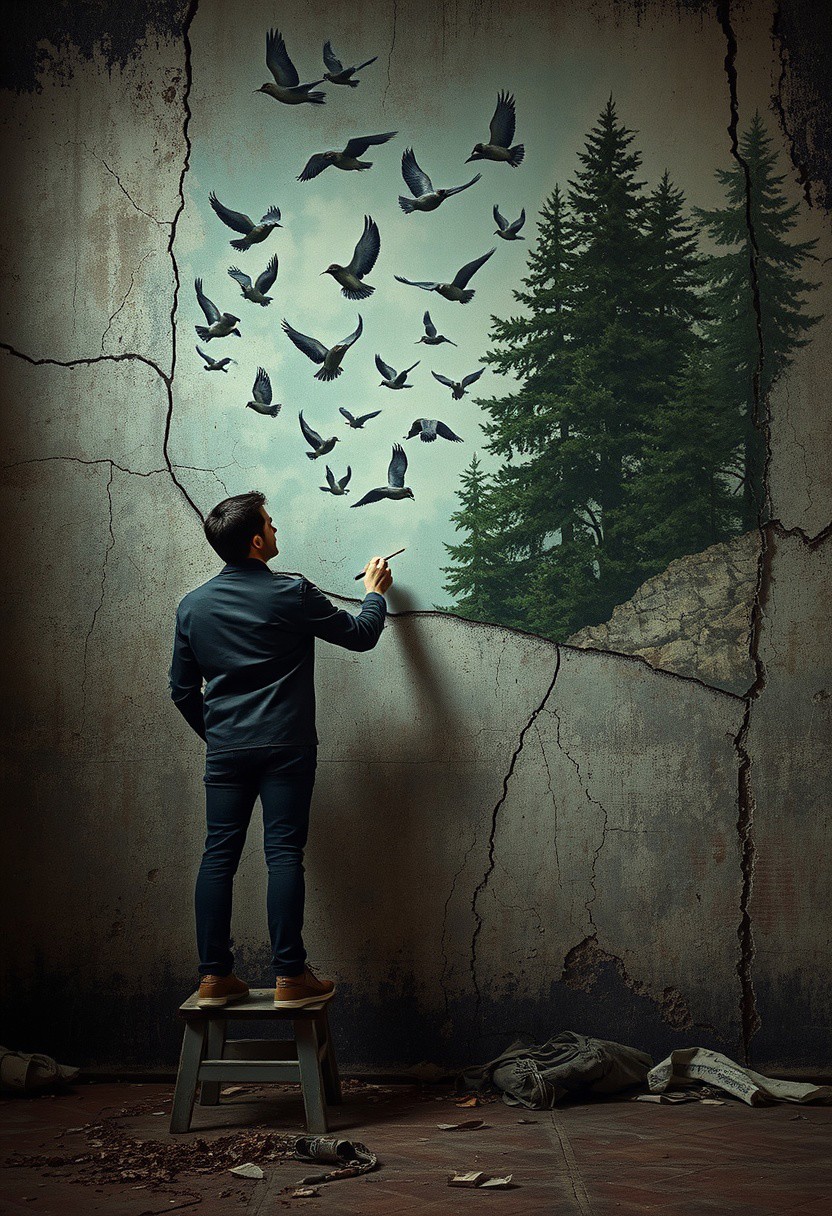 A man painting birds on a cracked concrete wall, each one flying off into a painted forest, cinematic romanticism, dark surrealism, gothic atmosphere, vintage fashion, haunting narrative, dreamlike environments, crumbling interiors, surreal symbolism, emotional tension, dramatic lighting, romantic noir, expressive textures, abandoned architecture, moody color palette, isolated figures, psychological ambiguity, mysterious elegance, painterly realism, narrative surrealism, melancholic stillness
