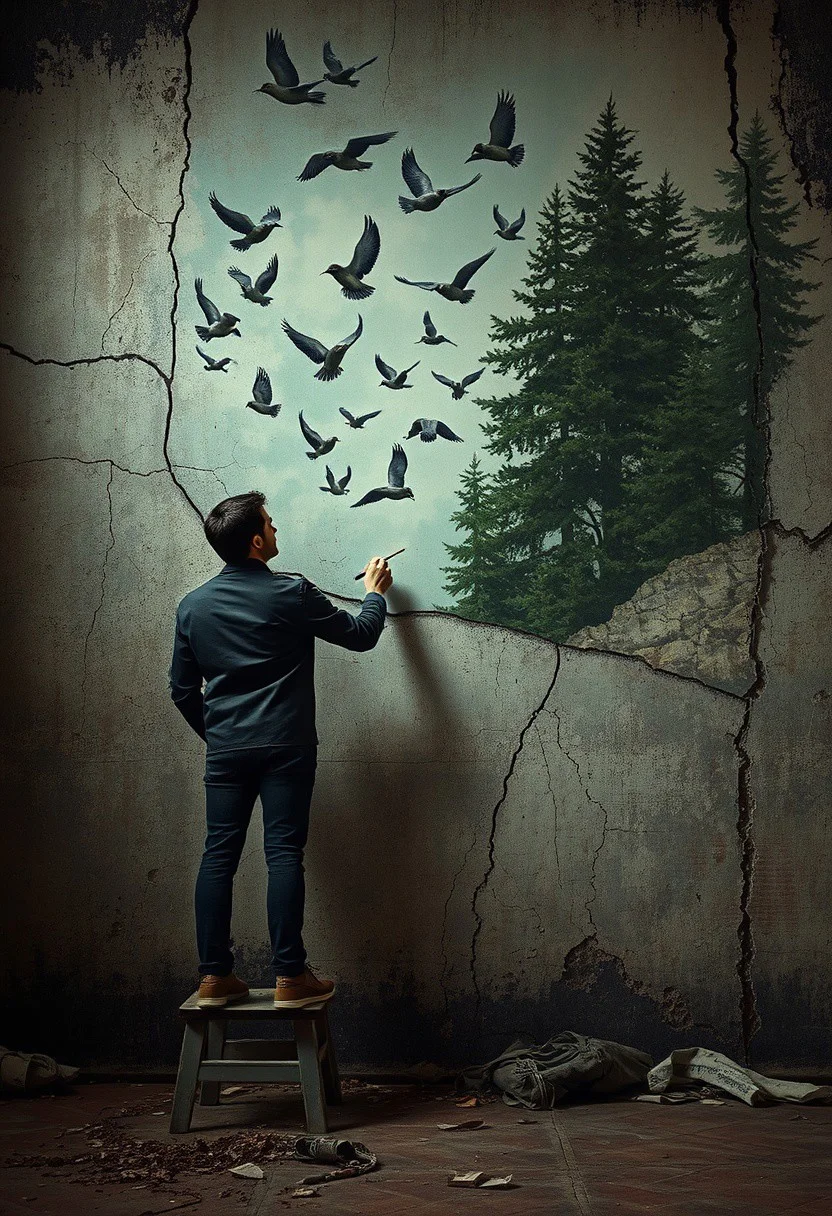A man painting birds on a cracked concrete wall, each one flying off into a painted forest, cinematic romanticism, dark surrealism, gothic atmosphere, vintage fashion, haunting narrative, dreamlike environments, crumbling interiors, surreal symbolism, emotional tension, dramatic lighting, romantic noir, expressive textures, abandoned architecture, moody color palette, isolated figures, psychological ambiguity, mysterious elegance, painterly realism, narrative surrealism, melancholic stillness