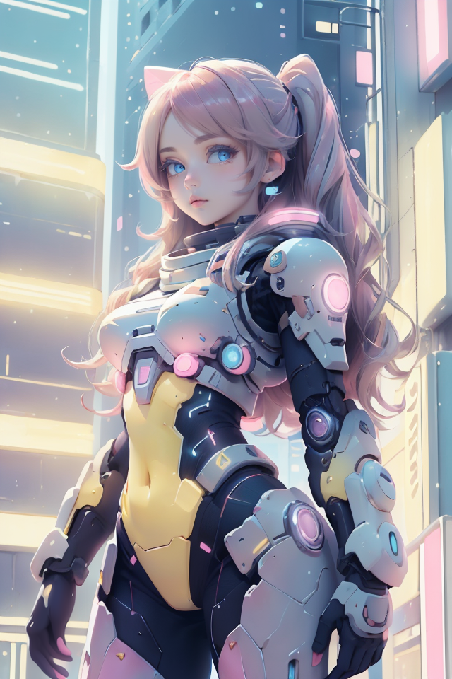 Masterpiece, best quality, scifi, kawaiitech,1 woman Maria, pastel colors, hair, blue eyes, kawaii, wearing cute colors cybersuit, city background, <lora:Maria:.7> <lora:GoodHands-beta2:1> <lora:nijiarmor_v2:.7><lora:KawaiiTech-20:1.3>