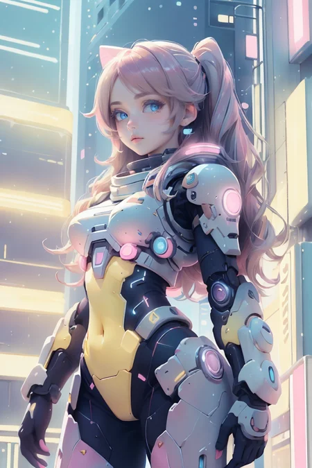 Masterpiece, best quality, scifi, kawaiitech,1 woman Maria, pastel colors, hair, blue eyes, kawaii, wearing cute colors cybersuit, city background, <lora:Maria:.7> <lora:GoodHands-beta2:1> <lora:nijiarmor_v2:.7><lora:KawaiiTech-20:1.3>