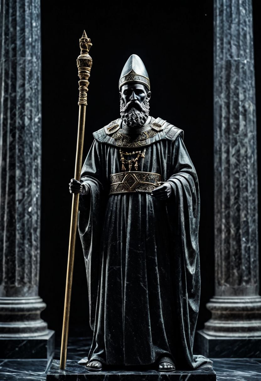 Fujifilm XT3, Sony A7 IV, (award winning photography) a (black: 0.79) marble sumerian man in robe with beard and staff (statue: 1.39) made of opal (Kintsugi: 0.89) set on a pedestal in temple, glistening. in the background beautiful pillars, divine (iridescent: 0.79), opalescent textures, volumetric light, ethereal, sparkling, studio photo, highly detailed, sharp focus (highest quality: 1.39) (highest coherency: 1.39) (award winning photography), highly detailed photography, (muted colors, cinematic, dim colors, soothing tones:1.2), vibrant, insanely detailed, hyperdetailed, (dark shot:1.2), (vsco:0.3), (intricate details:0.9), (hdr, hyperdetailed:1.2) (vignette), sss, raw photo, fijifilm, kodak, cinematic film grain, mesopotamian, babylonian