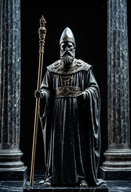 Fujifilm XT3, Sony A7 IV, (award winning photography) a (black: 0.79) marble sumerian man in robe with beard and staff (statue: 1.39) made of opal (Kintsugi: 0.89) set on a pedestal in temple, glistening. in the background beautiful pillars, divine (iridescent: 0.79), opalescent textures, volumetric light, ethereal, sparkling, studio photo, highly detailed, sharp focus (highest quality: 1.39) (highest coherency: 1.39) (award winning photography), highly detailed photography, (muted colors, cinematic, dim colors, soothing tones:1.2), vibrant, insanely detailed, hyperdetailed, (dark shot:1.2), (vsco:0.3), (intricate details:0.9), (hdr, hyperdetailed:1.2) (vignette), sss, raw photo, fijifilm, kodak, cinematic film grain, mesopotamian, babylonian