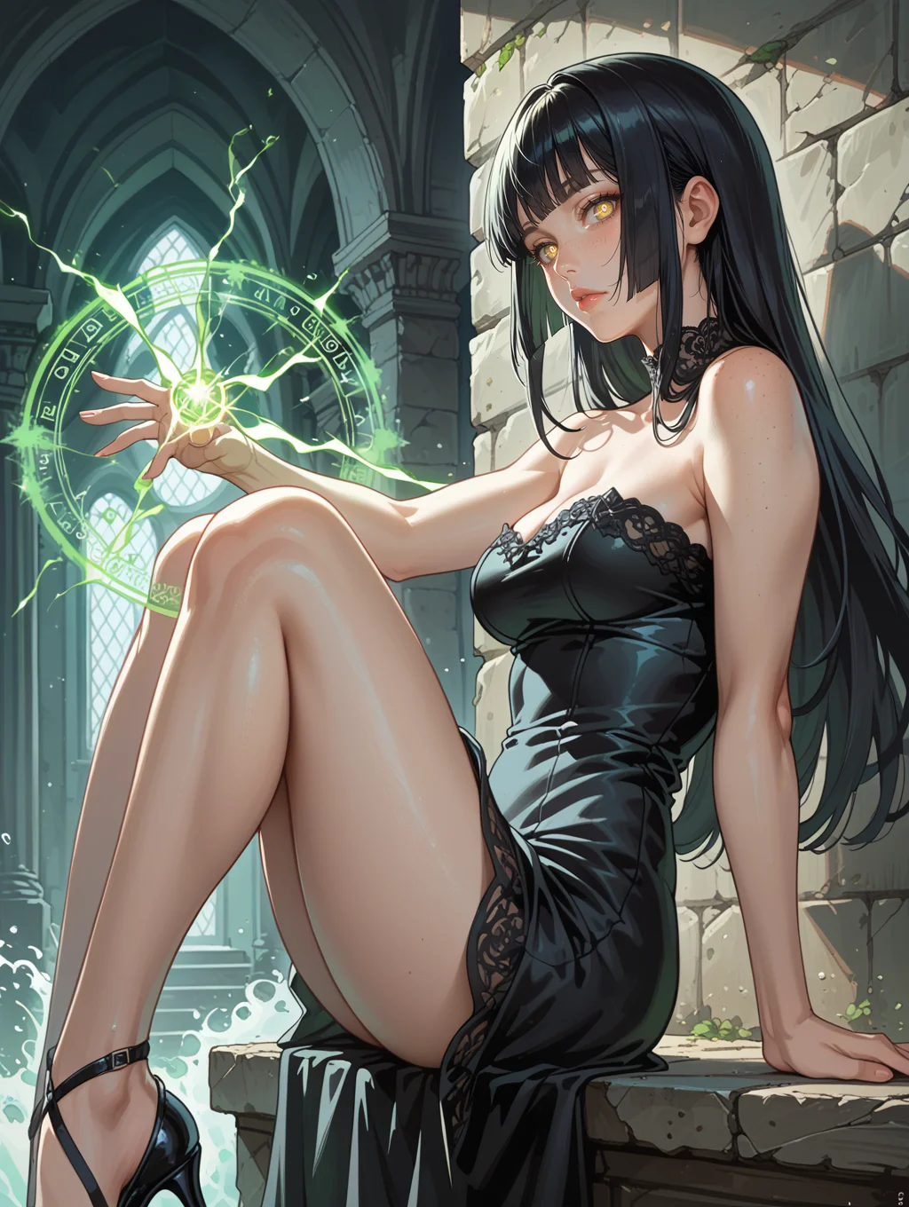 score_9, score_8_up, score_7_up,source_anime,
1girl, solo, looking at viewer, close up, outside, magic wind, magic wave, (glowing spell casting:1.1), (spells:1.1), green magic, magical, fantastical, glowing, bright colors, (volumetric:1.1), , big pupils, freckles, pale skin, slender legs, thin waist, thick hips, posing, sensual pose, pin-up pose, erotic, from side, Long hair, hime cut, black hair, medium breasts, fit, perfect ass, yellow eyes, looking away, pinup pose, Mesh, Strapless, Midi Dress, Black Dress, bare shoulder, sleeveless, perfect lighting, (((sexy dynamic pose))), Casual girl sitting, She is looking down with a slightly bored expression on her face,marble walls, inside dark crypt, fantasy decor, side view,