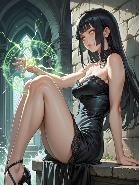 score_9, score_8_up, score_7_up,source_anime,
1girl, solo, looking at viewer, close up, outside, magic wind, magic wave, (glowing spell casting:1.1), (spells:1.1), green magic, magical, fantastical, glowing, bright colors, (volumetric:1.1), , big pupils, freckles, pale skin, slender legs, thin waist, thick hips, posing, sensual pose, pin-up pose, erotic, from side, Long hair, hime cut, black hair, medium breasts, fit, perfect ass, yellow eyes, looking away, pinup pose, Mesh, Strapless, Midi Dress, Black Dress, bare shoulder, sleeveless, perfect lighting, (((sexy dynamic pose))), Casual girl sitting, She is looking down with a slightly bored expression on her face,marble walls, inside dark crypt, fantasy decor, side view,