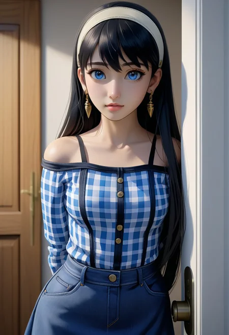 young asian-caucasian girl, {yor briar, black hair, earrings, white ribbon hairband, hairband, long hair}, posing in front of house 's door, she is long straight hair, wearing long sleeves off-shoulder blouse (+blue checkered blouse), black spaghetti shoulder straps, blue denim pencil mini skirt, BREAK, (1girl, solo, full body, looking at viewer, front view), (best quality,4k,8k,highres,masterpiece:1.2),ultra-detailed,(realistic,photo-realistic:1.37),cinematic lighting,moody lighting,dramatic shadows,vibrant colors, (expressive eyes, perfect face, perfect anatomy)