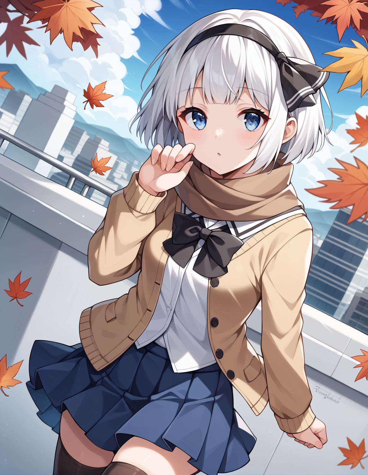 score_9, score_8_up, score_7_up, score_6_up, score_5_up, score_4_up, source_anime, rating_safe, BREAK <lora:youmuXL_LoRA-C3Lier_AdamW_Dim8_Alpha8_UN-3e-4_TE-1.5e-4_10batch_ponyDiffusionV6XL_v6StartWithThisOne:1>, konpaku youmu, 1girl, white hair, short hair, blunt bangs, blue eyes, small breasts, hairband, hair ribbon, black ribbon, black bowtie, white shirt, brown cardigan, scarf, pleated skirt, thighhighs, standing, hand up, looking up, looking away, dutch angle, city, autumn leaves, autumn, maple leaf, mountainous horizon