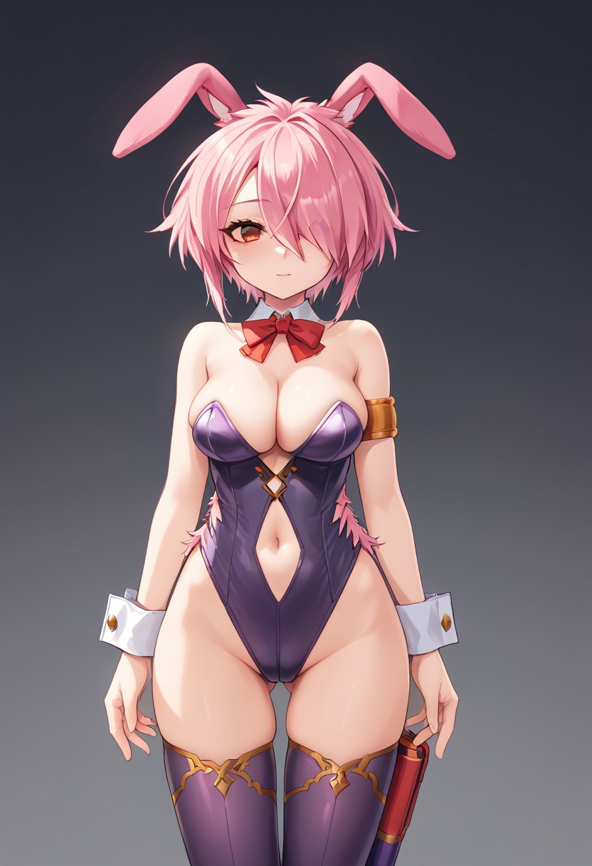 score_9, score_8_up, score_7_up,masterpiece, best quality, absurdres, extremely detailed,2d,source anime,1girl,pink hair,red eyes,purple suit,thighhighs,cleavage,short hair,hair over one eye, rabbit girl,rabbit ears,cowboy shot