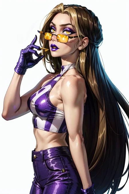 (Darcy), yellow eyes, brown hair with blonde strips, very long hair, (CasualOutfit), (purple eyeshadow, purple lips, halter croptop, purple pants, boots, sunglasses), (solid white background, white background:1.5), (realistic:1.2), (masterpiece:1.2), (full-body-shot:1),(Cowboy-shot:1.2), neon lighting, dark romantic lighting, (highly detailed:1.2),(detailed face:1.2), (gradients), colorful, detailed eyes, (detailed landscape:1.2), (natural lighting:1.2), close shot, solo, <lora:WinxClubDarcy-10:0.9> <lora:add_detail:0.3> <lora:hipoly3DModelLora_v10:0.05> <lora:RSERomantic_RSESofiko_RSEEmma-v1:0.1> <lora:BeautifulEyes:0.6>