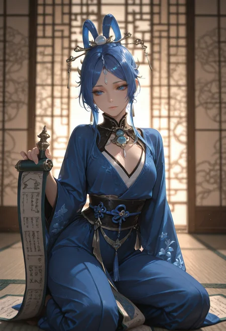 masterpiece, best quality, volumetric lighting, dramatic lighting, depth of field, sharp focus, semi realistic, realistic shading, warm natural lighting, (emphasize body curves:1.2), (mature female:1.2), (detailed face and eyes:1.2), (proper anatomy:1.3), natural interaction, (highlighted skin gloss:1.1),
BREAK
1girl , solo, blue eyes, blue hair, forehead jewel, topknot, hair sticks, alternate costume, casual oufit, small breasts,small head,
kneeling on tatami, holding an ornate scroll, soft light from shoji screen
<lora:illustrious_quality_modifiers_masterpieces_v1:0.6> <lora:MGE_V5.2_IL:0.7> <lora:ppw_v7_Illuv1.0_1_r2:0.4> <lora:USNR_STYLE_ILL_V1_lokr3:0.5> <lora:Yuwen_Yongning__Demon_Emperor__Illustrious_v5:0.9>