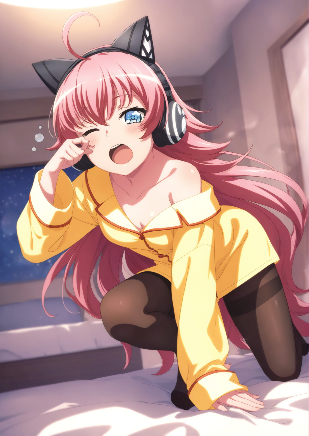 masterpiece,masterpiece,best quality,newest,highres,absurdres,source_anime,small breasts,tamade chiyu,NORMAL,
1girl,cat ear headphones,solo,long hair,headphones,((black pantyhose)),medium breasts,ahoge,blue eyes,very long hair,smile,looking at viewer,yawning,crawling on bed,off shoulder,pink hair,bedroom,lazy,rubbing eyes,sleepy,wearing pajamas,
<lora:Tamade_chiyuNoob:1>,