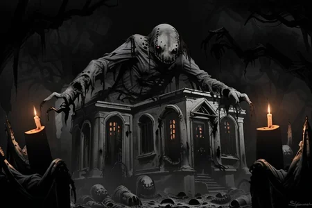 Photography, photorealistic, insanely real life detailed, 8k, highest resolution possible, sharp focus, taken with professional DSLR and lenses, cinematic, taken best skilled cinematographer,
mong, monster, horror \(haunted house\), Darkness,
haunted house,night,dark,sparse Candlelight, creepy, scary,terrifying
horror movie atmosphere, cinematic dark night time lighting and dramatic shadows,