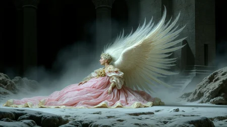 <lora:Former_Splendor:0.75> <lora:Hand v2:1> side view, French, fire theme, black-toned Social Realism photo of a heavenly mature futuristic clothed winged sleeping air elemental dancing in a dark apocalyptic castle, intricate white and pink and gold ebru, magical, frozen, billowing dark dust, very detailed