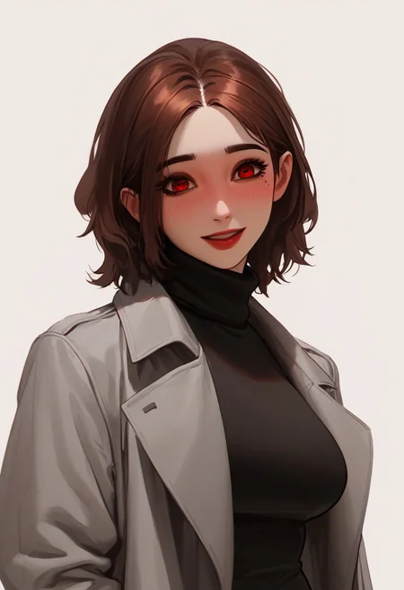 score_9, score_8_up, score_7_up, score_6_up, score_5_up, score_4_up, portrait, upper body, smiling with open mouth, short hair, heavy makeup, long eyelashes, blushing, turtleneck, sweater, red lips, simple background, solo, long sleeves, red eyes, black dress, mole under eye, white background, skindentation, 1girl, looking at viewer, grey coat, blush, brown hair, trench coat, open coat, large breasts