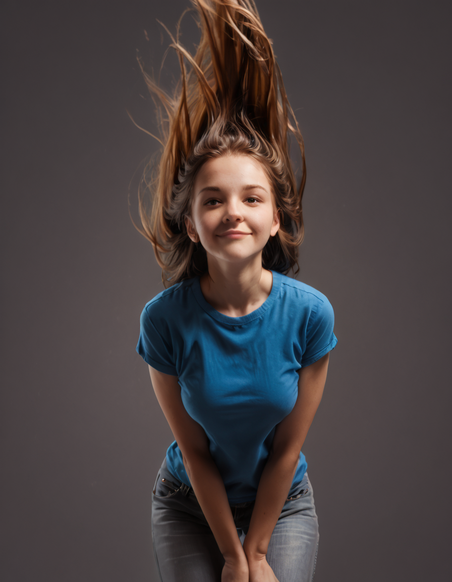 score_9, score_8_up, score_7_up, BREAK
1girl, solo, cute, medium breasts, brown hair, very long hair, hair swish, floating hair, head back, leaning forward, looking at viewer, seductive smile,
blue t-shirt, jeans, v arms,
cowboy shot, from below, straight-on, simple background, dark grey background,<lora:Hair_Swish_Pony:1>