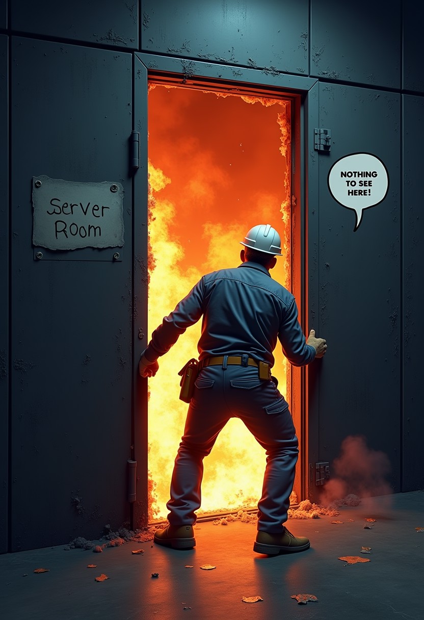 masterpiece, highest quality, 8k,
An engineer trying to hold a door closed with his back, fire and smoke coming through door, cracked door, door bulging with pressure, a speech bubble coming out of engineer saying "Nothing to see here", Door is labelled "Server Room"