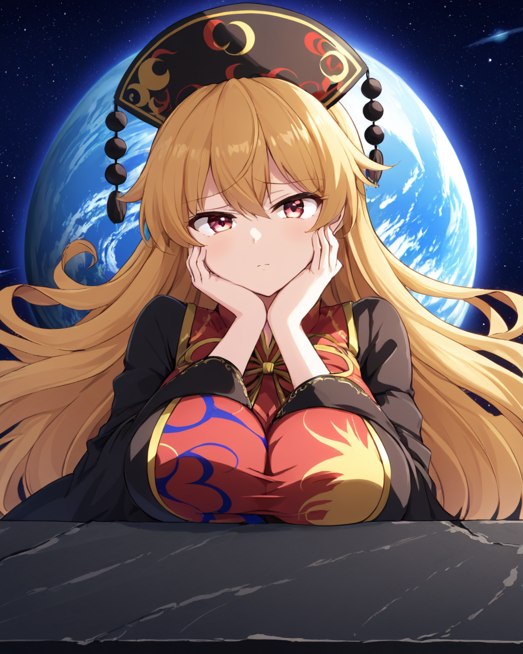 junko \(touhou\),1girl, solo, tabard, chinese_clothes, hat, large_breasts, wide_sleeves, long_sleeves, space, black_dress, planet, looking_at_viewer, earth_\(planet\), hand_on_own_face, angry, frown
<lora:junko_(touhou)_image6079_2023-12-20-000007:1>,star-shaped_pupils,symbol-shaped_pupils,. gorgeous,key visual, vibrant, studio anime,award-winning, professional, highly detailed,high budget, cinemascope