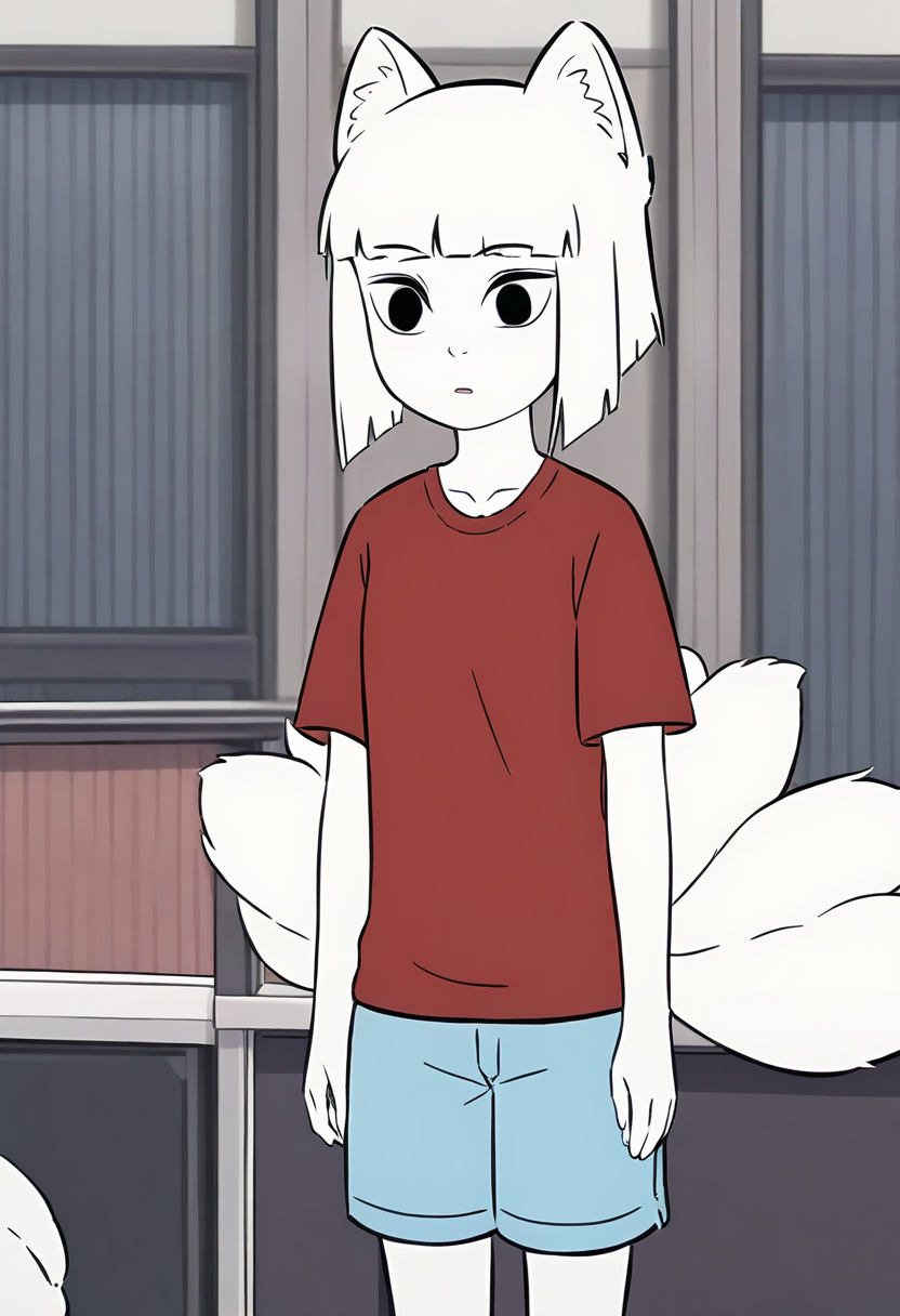 <lora:jiuyue:1>,jiuyue,1girl,solo,fox girl,animal ear fluff,black eyes,white hair,white skin,short hair,blunt bangs,fox tail,
shirt,red shirt,short sleeves,shorts,blue shorts,, masterpiece,best quality,amazing quality,absurdres, anime screenshot,