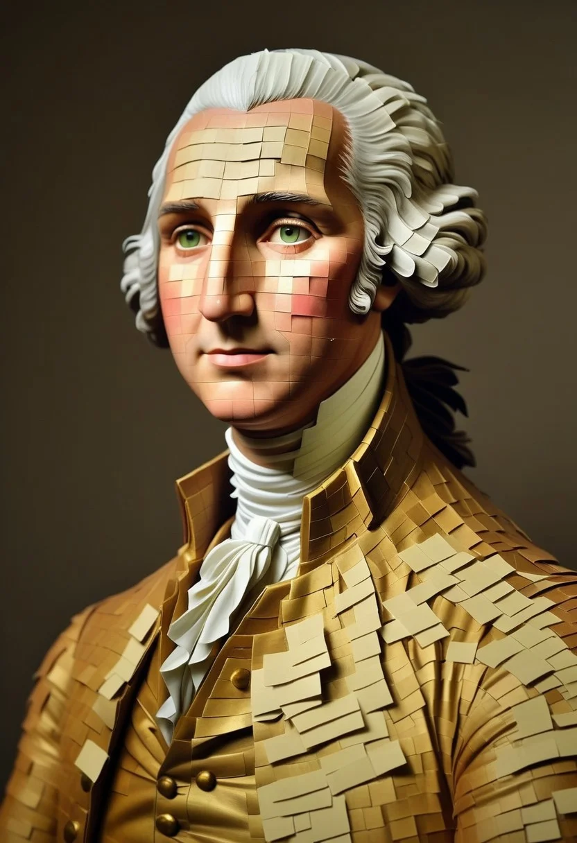 endposit_notesmorph, a cinematic photographic depiction of George Washington made out of paper post it notes, paper sticky notes, made from 3m post it notes, post it notes, paper texture