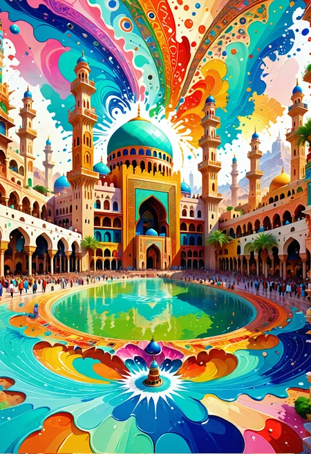 Digital painting, landscape of Mecca , Pastel Colors, Well-visualised, painterly, highly detail, highly intricate, full color, highly decorated, romantic, creative, Jed-Splash, colourful, <lora:ColourfulStyle:0.7>