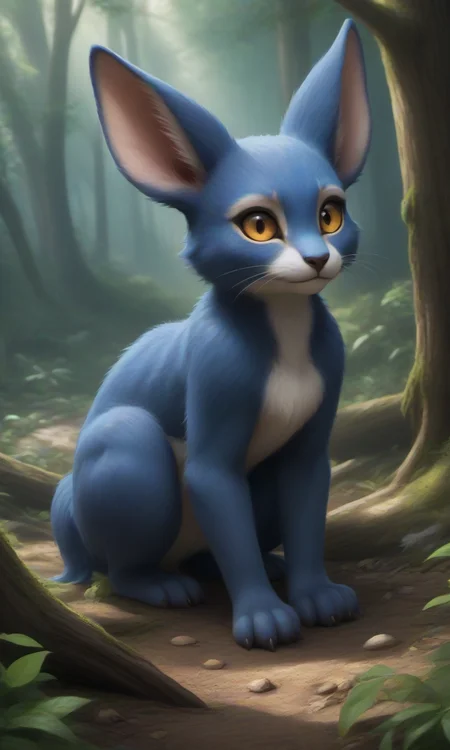 Sombryx_Evertale, there is a digital drawing of a blue animal with golden eyes with ((big ears)), all fours, nature, forest,