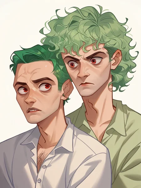 score_9, score_8_up, score_7_up, score_6_up, score_5_up, <lora:kangyannanXLP:0.8> kangyannan, white background, 1boy, green hair, red eyes,