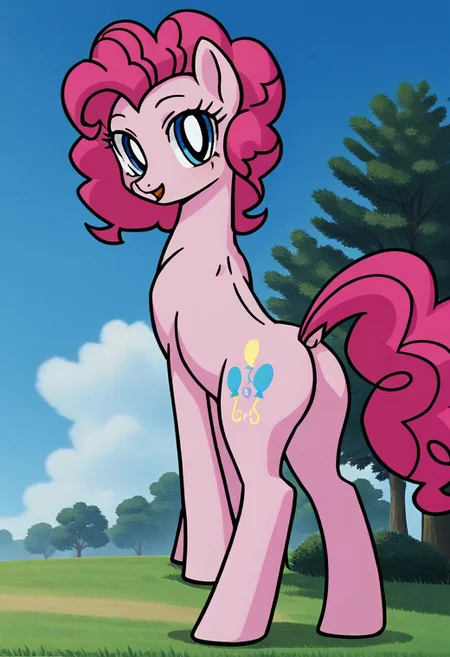 score_9, score_8_up, score_7_up, score_6_up, score_5_up, score_4_up, source_anime, anime screencap, anime coloring, retro artstyle, BREAK, tall skinny slender slim equine Pinkie Pie, earth pony, female, mare, pony, solo, horse butt, perfect butt, bubble butt, 8U881E, toned body, toned forelegs, outdoors, back roads, dutch angle, looking at viewer, perspective, <lora:EarlyAkira_v4:0.4> <lora:Pony_MLP_v1.5:1> <lora:8U881E:0.6> <lora:pony_001:1> <lora:1990s_hentai-V1:0.4>