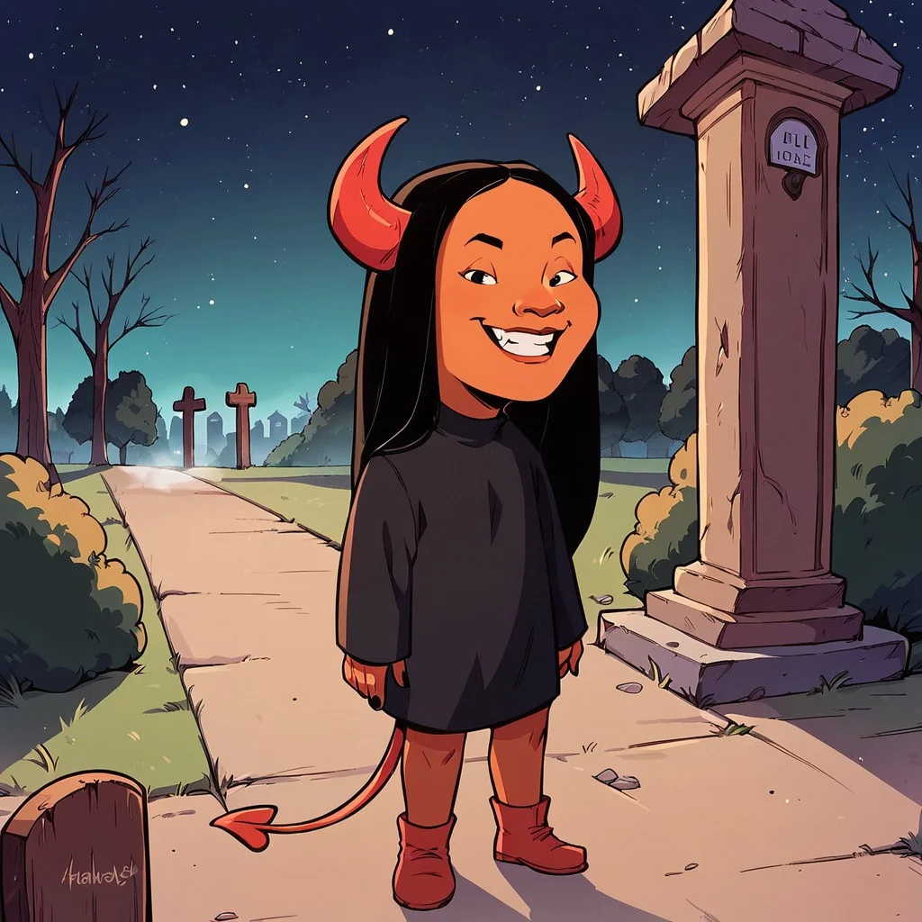 score_9, score_8up, score_7up, score_6up, solo, 1girl, Connie S KOTH, dark skin, black eyes, long hair, black hair, cowboy shot,
smug grin, big mouth, half-closed eyes, flat chest, short stack, standing, candy on the ground, full body, devil costume, devil horns, devil tail, peace sign,
outdoors, graveyard, tombstones, dead trees, starry night sky, fog, Halloween, leaning back, looking at viewer,