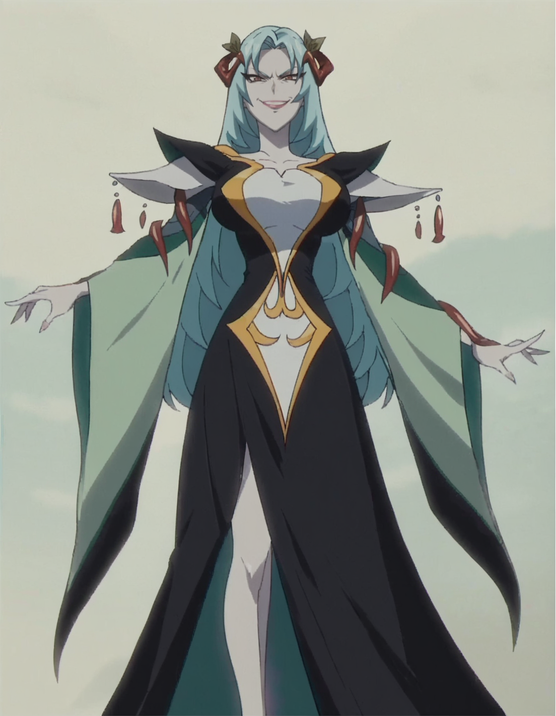 score_9, score_8_up, score_7_up, 1girl, solo, anime screencap, long hair, dress, blue hair, hair ornament, standing,large breasts, black dress, aqua hair, looking at viewer,evil smile,white skin,battle  <lora:northaV2:0.8>