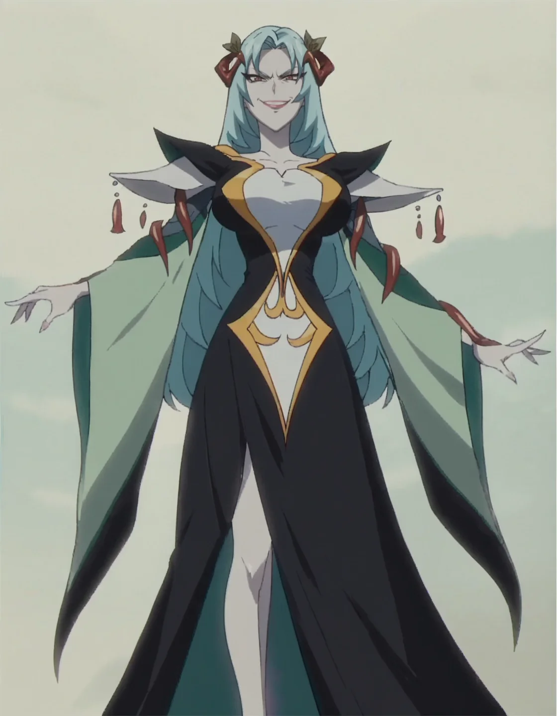 score_9, score_8_up, score_7_up, 1girl, solo, anime screencap, long hair, dress, blue hair, hair ornament, standing,large breasts, black dress, aqua hair, looking at viewer,evil smile,white skin,battle <lora:northaV2:0.8>
