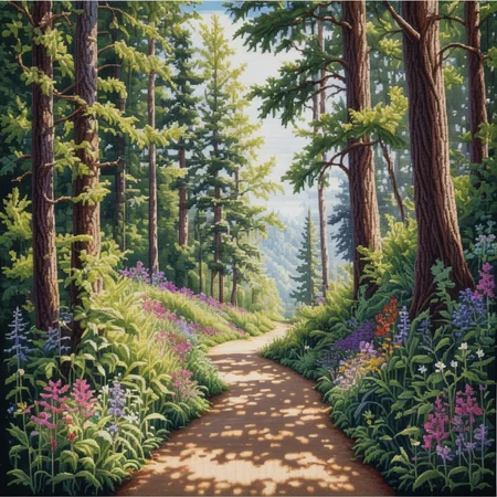 Beautiful cross-stitch art, forest path, photorealistic, detailed textures, vibrant greens, tall trees, dappled sunlight, colorful wildflowers, winding path, high contrast, serene and inviting, fine stitches, natural light, intricate foliage