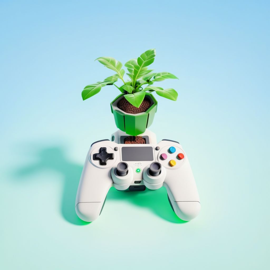 isztoksk, no humans, plant, simple background, glowing, green eyes, solo, blue background, game console, robot, controller, 3d, miniature, isometric, game design, octane render, masterpiece, best quality