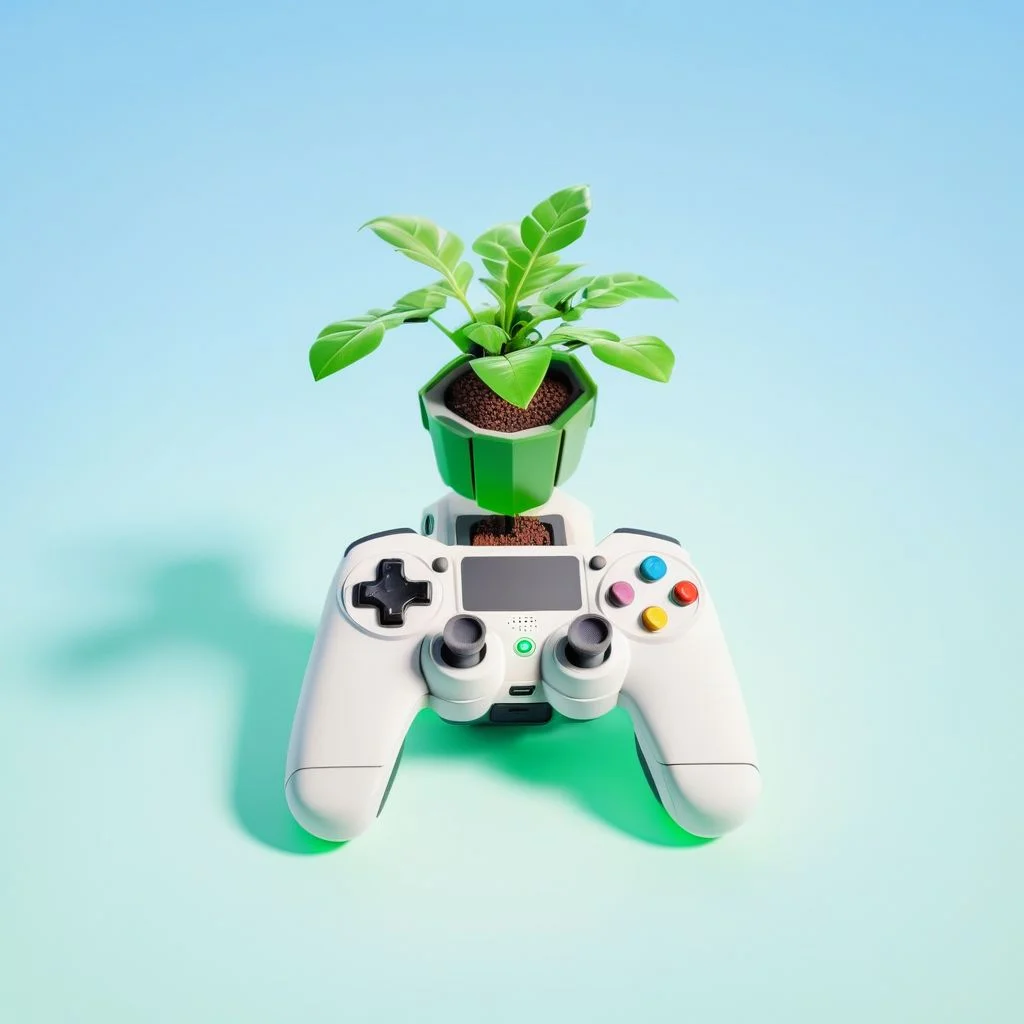 isztoksk, no humans, plant, simple background, glowing, green eyes, solo, blue background, game console, robot, controller, 3d, miniature, isometric, game design, octane render, masterpiece, best quality