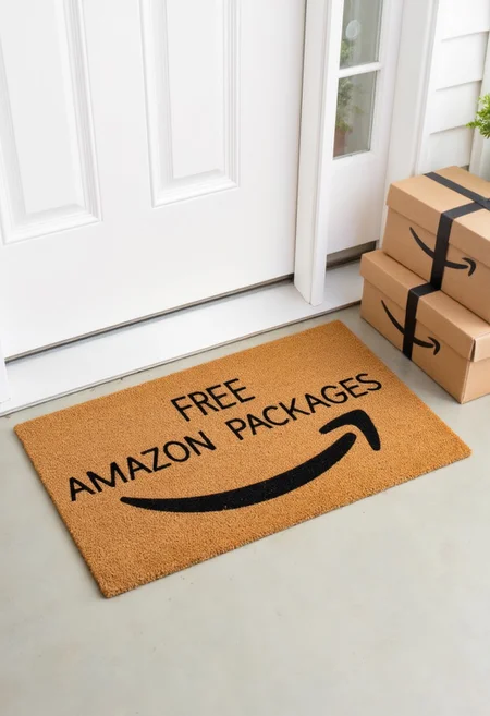This photograph captures a cozy and inviting entrance scene. The image features a small, rectangular coir doormat placed in front of a white door with the text "Free Amazon Packages" written in all caps and a black arrow pointing to two cardboard boxes with the Amazon logo on the side that are sitting next to the mat.