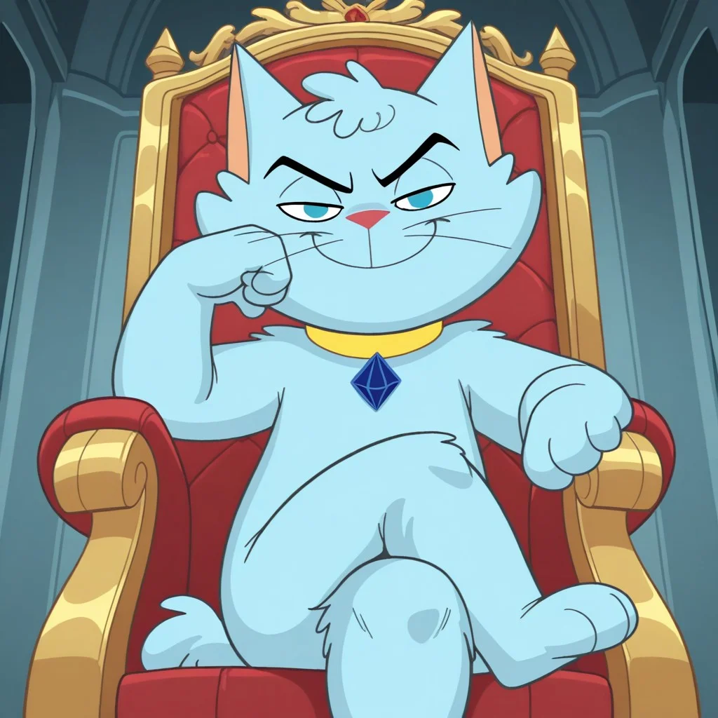 masterpiece, best quality, amazing quality, snooky, male, furry male, feral, cat, solo, blue fur, blue eyes, black eyebrows, whiskers, red nose, paw pads, tail, yellow collar, sitting down, on throne, smirk, narrowed eyes, leaning on hand, crossed legs, looking at viewer, low angle, indoors, kingdom, dark