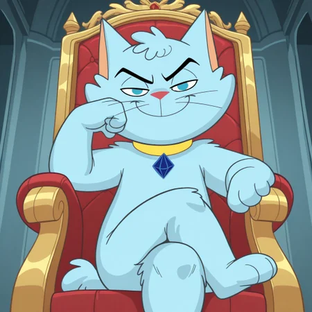 masterpiece, best quality, amazing quality, snooky, male, furry male, feral, cat, solo, blue fur, blue eyes, black eyebrows, whiskers, red nose, paw pads, tail, yellow collar, sitting down, on throne, smirk, narrowed eyes, leaning on hand, crossed legs, looking at viewer, low angle, indoors, kingdom, dark