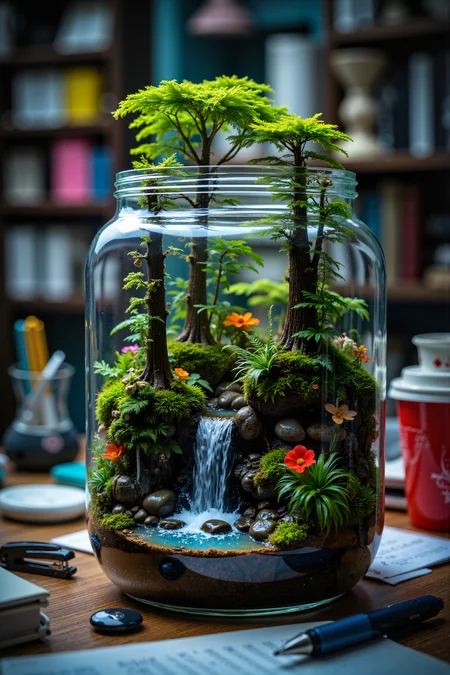 A hyper-realistic portrait, photorealistic photo close-up image ofA close-up portrait of a miniature forest ecosystem thriving inside an ordinary glass jar on a cluttered office desk. The jar, usually reserved for holding pens or paper clips, now houses a tiny, self-sustaining world. Inside, towering trees made of moss rise from a lush, green undergrowth, with delicate ferns and tiny, colorful flowers blooming in the corners. The ecosystem is complete with a small, glimmering waterfall cascading over miniature rocks, creating a pool that reflects the fluorescent office lights above. The jar is positioned among mundane office suppliesâstaplers, sticky notes, and coffee mugsâcreating a stark contrast between the bustling life inside the jar and the lifeless objects around it. The vibrant greens and blues within the jar pop against the neutral tones of the office, drawing the eye and inviting curiosity. This image evokes a sense of wonder, as if nature has reclaimed a small piece of the sterile, corporate world. (photography, high-resolution, dynamic, energetic,hyper-realistic, dramatic lighting, shallow depth of field.), detailmaximizer, MythP0rt<lora:midjourney_whisper_flux_lora_v01:0.55><lora:aidmaMJ6.1-FLUX-V0.1:0.4><lora:FluxMythP0rtr4itStyle:0.4><lora:detailed_flux_ntc:2.2><lora:aidmaImageUpgrader-FLUX-V0.1:0.65>