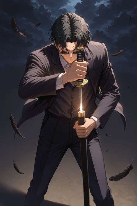 masterpiece, best quality, absurdres, safe,
1boy, seiichi samura, sunglasses, closed eyes, scar on face,
standing, legs apart, holding sword, unsheathing, black feathers, cloudy sky, dark background, from above
<lora:kagurabachi_il_1_d16:1>