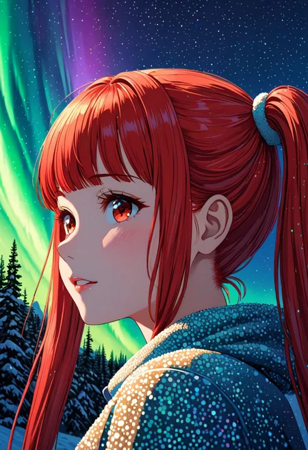 Pointillism style (((masterpiece))),(best quality),4K masterpiece,((ultra-detailed)),highly detailed,detailed shadow,
gold northern lights,closeup of sky, vibrant, highly detailed,1 girl, red hair,twintails