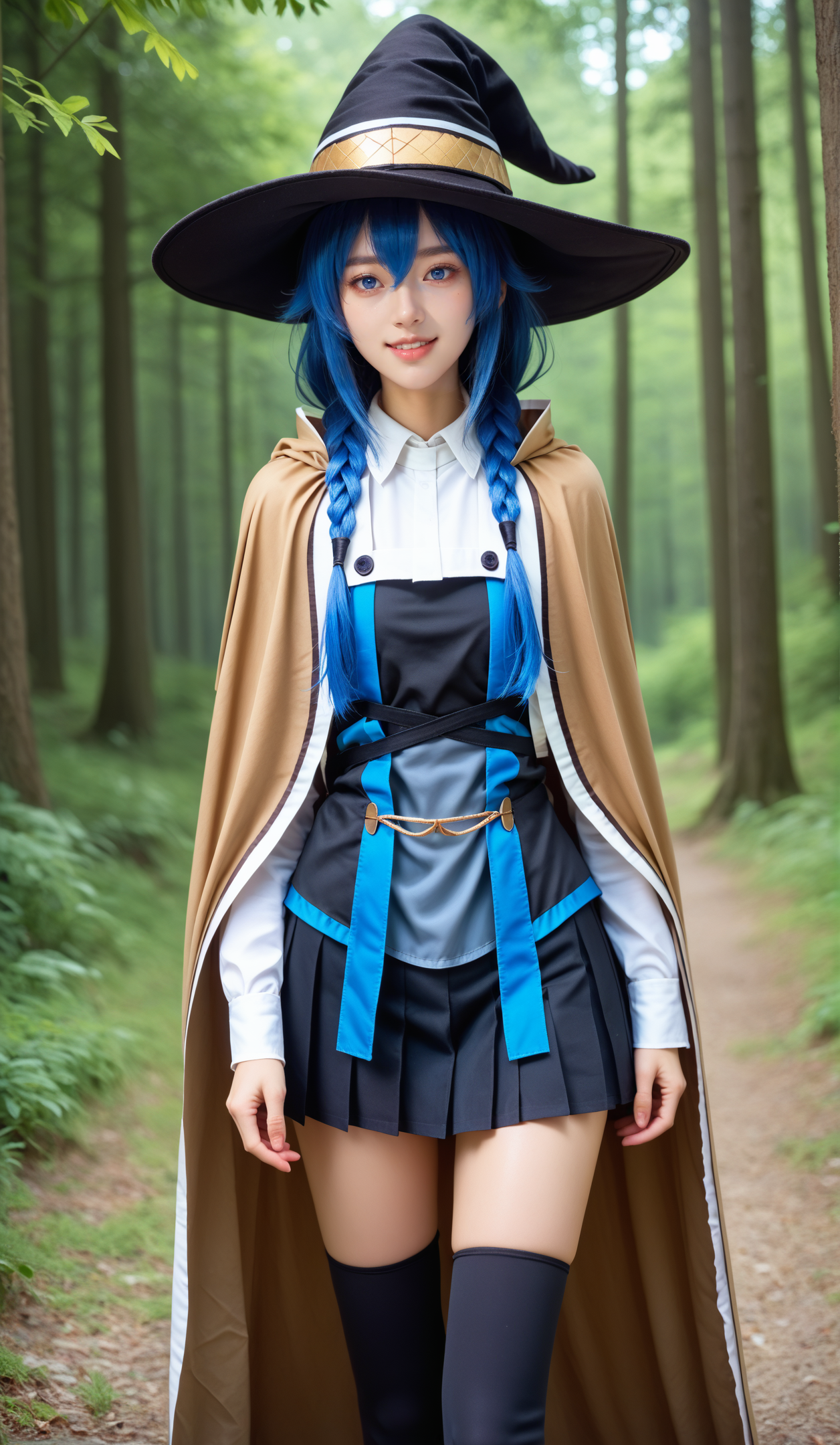 score_9, score_8_up, score_7_up,
<lora:P-Roxy:0.8> r0x7, 1girl, solo, blue eyes, blue hair, long hair, hair between eyes, bangs, twin braids, brown cape, witch hat, cape, pleated skirt, long sleeves, black skirt, small breasts, seductive smile, parted lips, eyelashes, standing, (cowboy shot, realistic, photorealistic), thigh boot, black thighhighs, forest background,
,glistening skin, <lora:shinyskin2:0.5>,
masterpiece, expressiveh, <lora:Expressive_H:0.3>