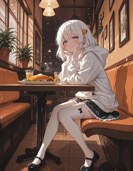 re4lity_sync_illu,
1girl, solo, hoodie, hood, blue eyes,  eyes, smile, blush, bangs,white hair, looking at viewer, hood down, indoors, hair ornament,restaurant,sitting at a table black skirt,plate, food, food-themed hair ornament,  white thighhighs,black mary janes,   plant, white hoodie, long sleeves,dim_lighting,hot_palette,soft light
,masterpiece,best quality,absurdres,incredibly absurdres, <lora:re4lity:1>,picture frame,blurry edges,