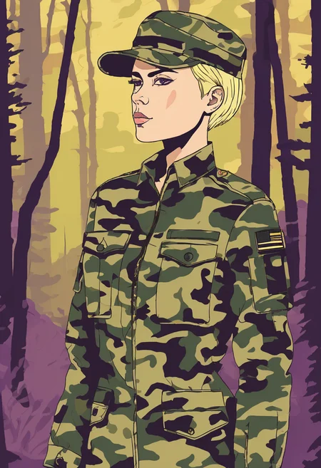 ((flat colors.digital illustration:1.1)),ms paint drawing, a woman wearing a military uniform,very short hair,pixie cut,blonde hair,purple eyes,in forest,cap,shirt,pants,jacket,czechmlok, <lora:mlokxl:0.75>