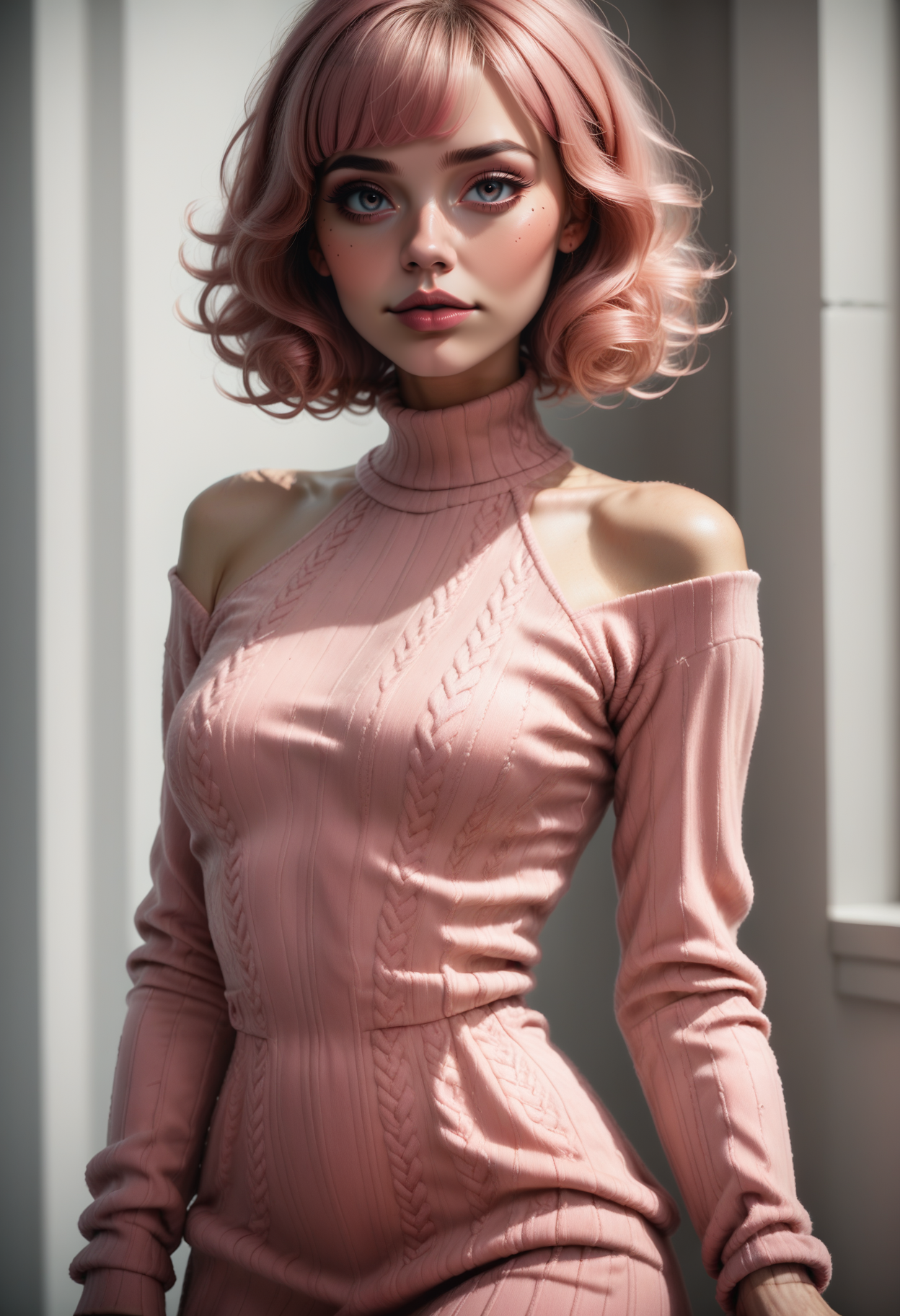 score_9, score_8_up, score_7_up, source_photo, 1girl, solo, d4rk_r0s4, realistic, beautiful eyes, sexy sweater dress, pink dress, long sleeves, bare shoulders, <lora:Dark_Rosa_Pony_v0.2:0.7>
