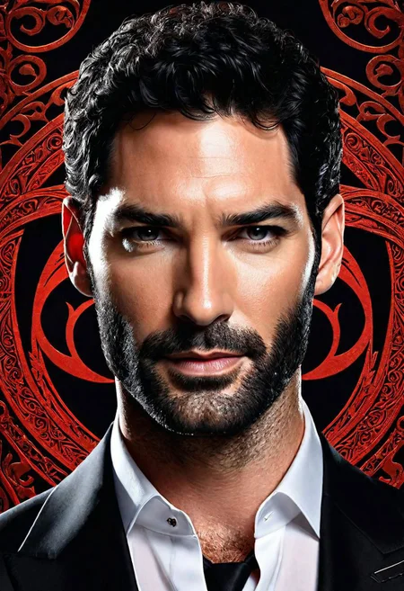 hyper detailed handsome Lucifer Morningstar (Tom Ellis), coherent rugged face, wavy luxurious hair, on black velvet canvas, centered composition, rule of thirds, drop shadowed, art by Todd McFarlane, charlie bowater, tom wood, keith garvey