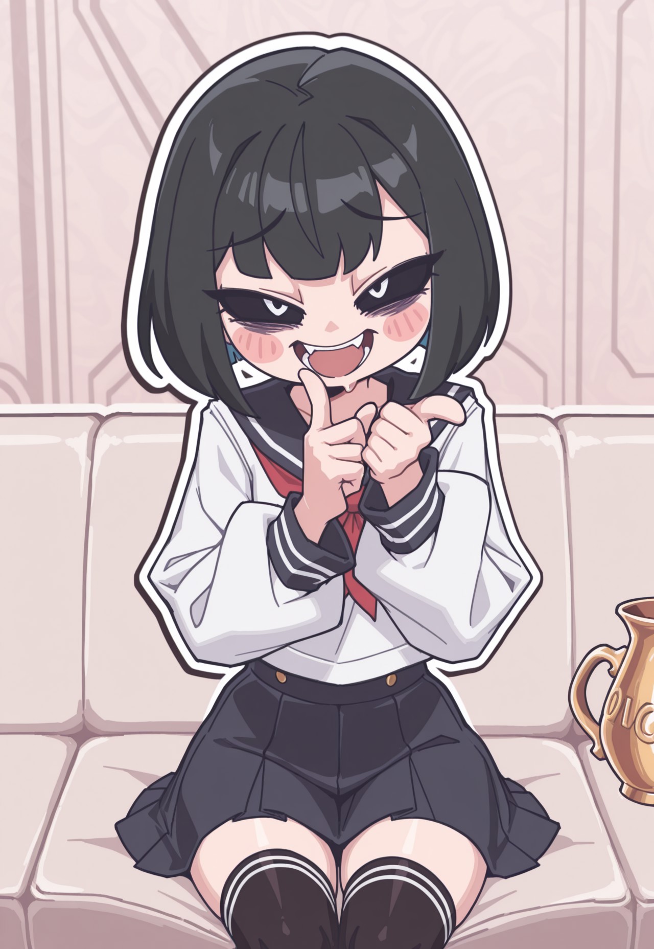 masterpiece, best quality, lazypos, reagan long style, pixelsketcher, 
TOONCITY_ST,Rapscallionstyle,
BREAK,
nnnnnsty, blush stickers,black sclera,black eyes,bags under eyes, solid oval eyes, white eyes,outline, white outline,

1girl, solo, shortstack, hand to mouth, hiding mouth with hand, ((laughing)), (pointing at user), ((mocking, mocking user)), sofa, mouth open, pointing, colored hair, blunt bang, short hair, skirt, legwear, school uniform, short girl,